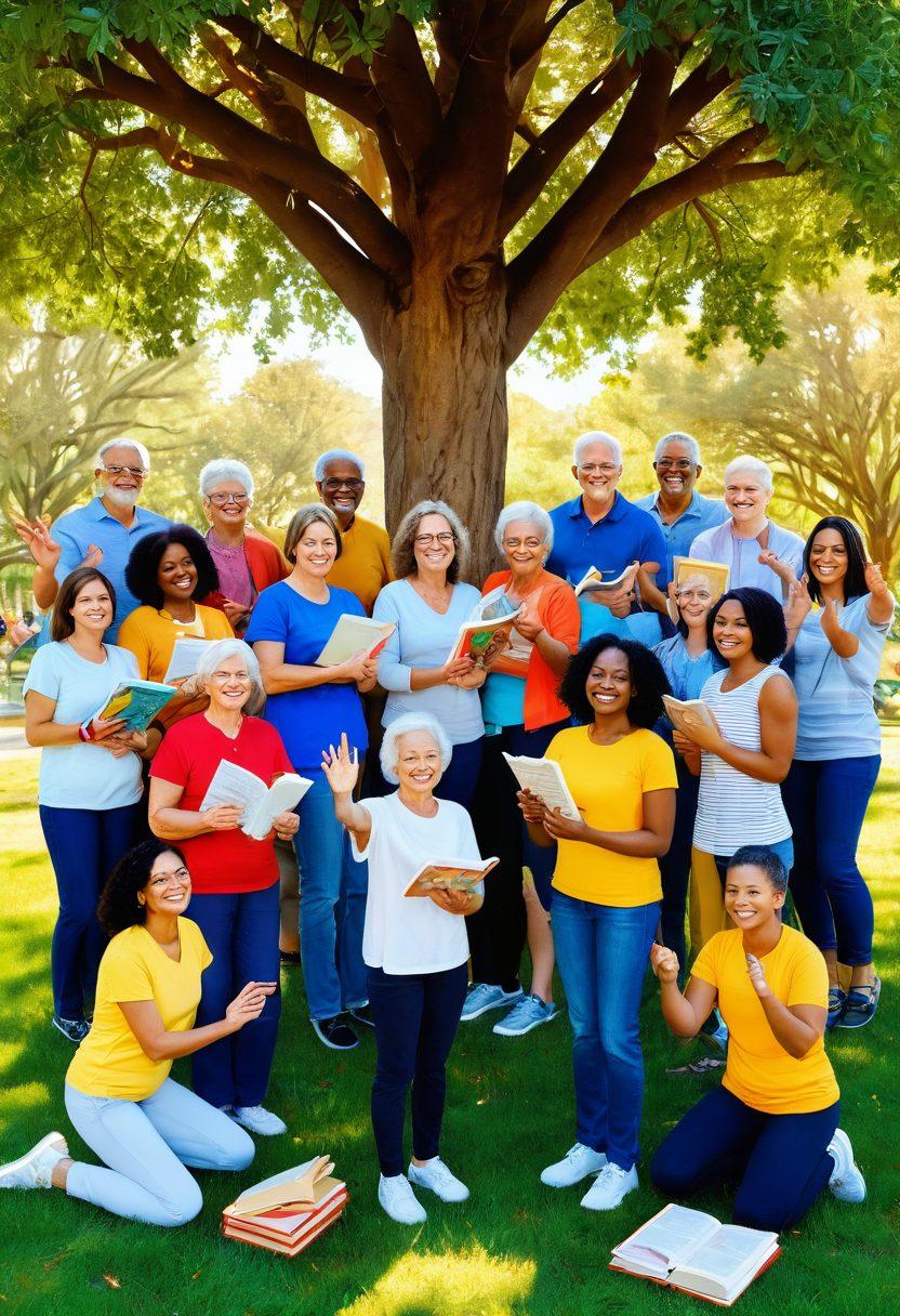 A diverse group of people of different ages and backgrounds, engaging in a supportive circle with warm smiles and encouraging gestures, surrounded by symbols of resources like books, wellness tools, and awareness ribbons. The background features a bright, inviting park setting with trees and sunshine, symbolizing hope and growth. super-realistic. vibrant colors. uplifting atmosphere.