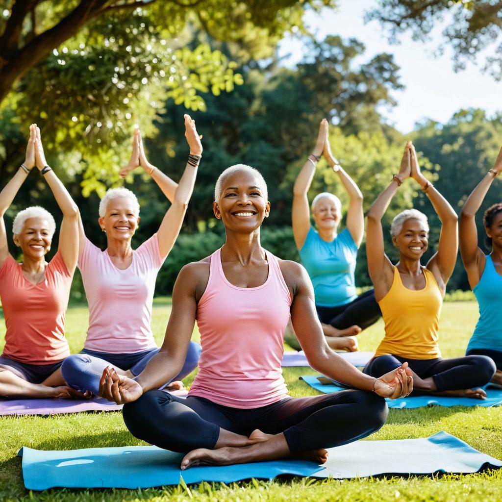 A group of diverse cancer survivors joyfully celebrating their wellness journey in a sunlit park, surrounded by nature's vibrant greenery. Include symbols of hope like ribbons and flowers, and showcase them engaging in holistic practices like yoga and meditation. Their expressions should convey strength, resilience, and community. super-realistic. vibrant colors. warm tones.