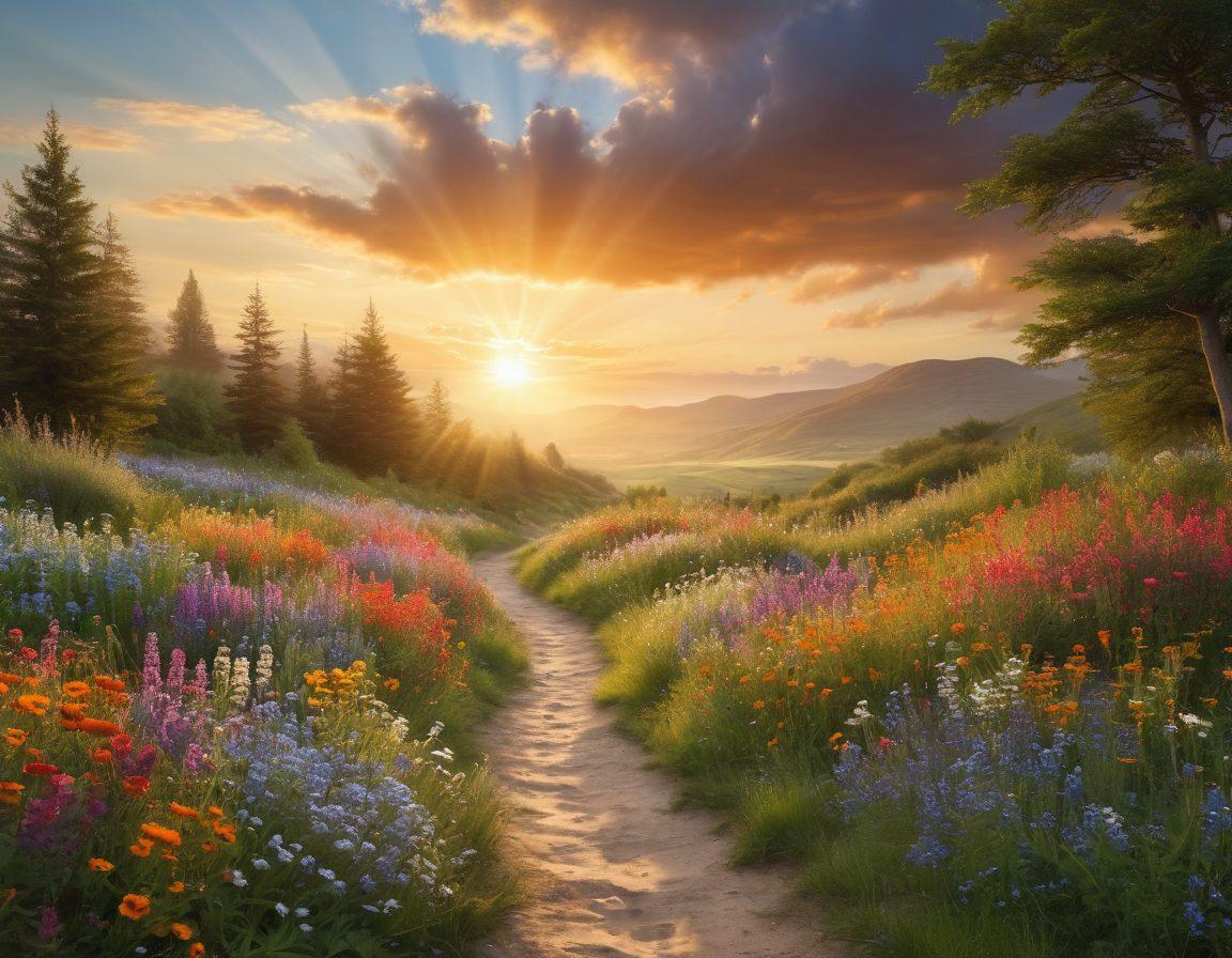A serene landscape depicting a person walking along a healing path lined with vibrant wildflowers, symbolizing recovery and progress. In the background, a sunrise breaking through clouds, representing hope and triumph. Soft rays of light illuminating the path, inviting the viewer to imagine their journey. The atmosphere is calm and inspiring, with gentle colors that evoke positivity. super-realistic. vibrant colors. tranquil setting.